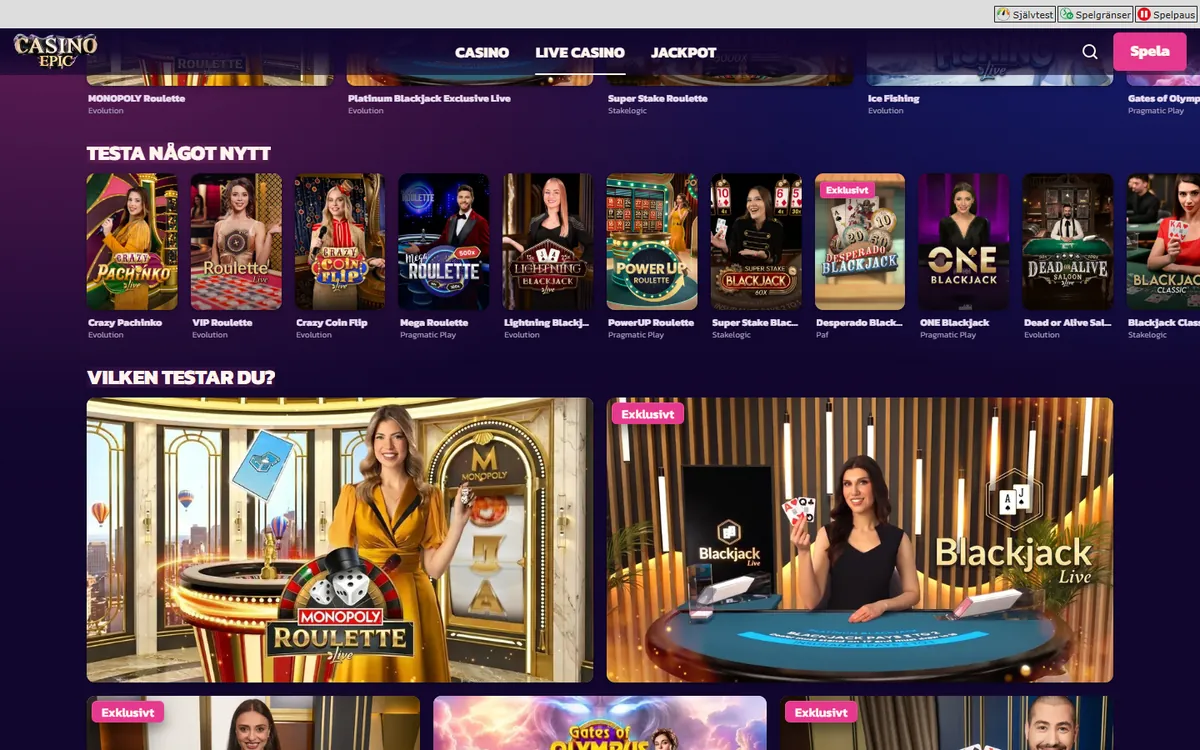 Live casino-lobbyn hos Casino Epic