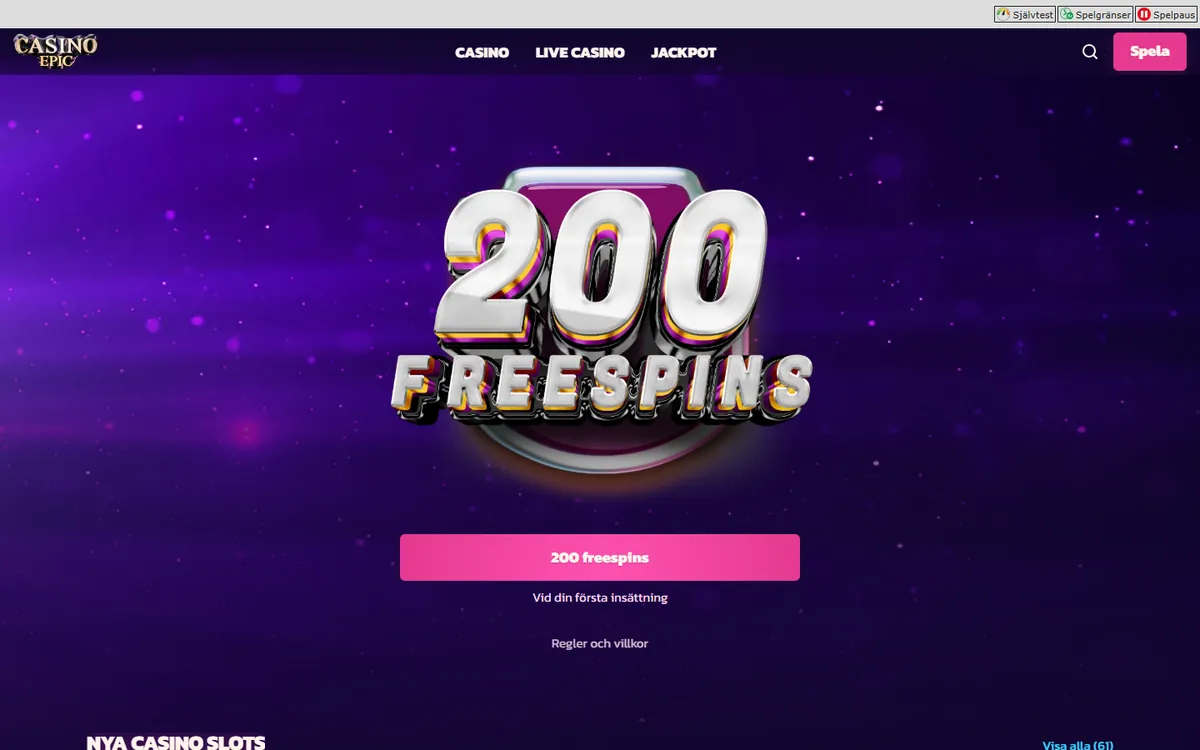 Casino Epic startsida på desktop med 200 freespins