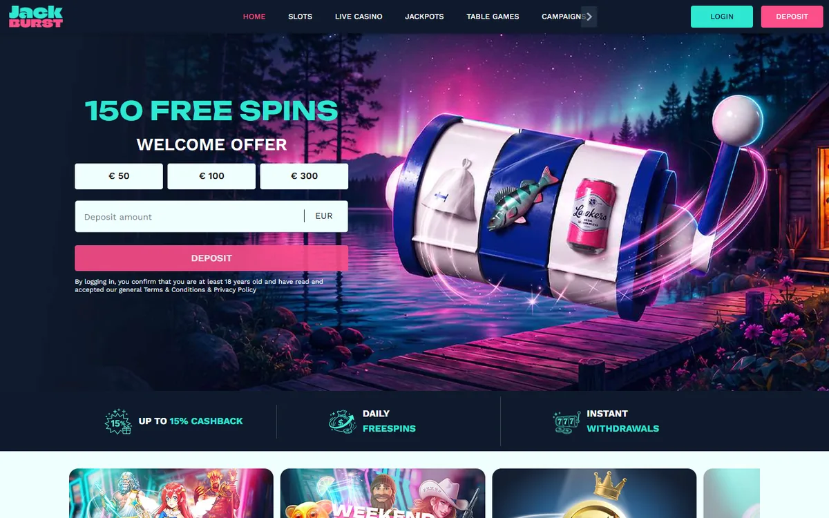Jackburst casino startsida med 150 free spins