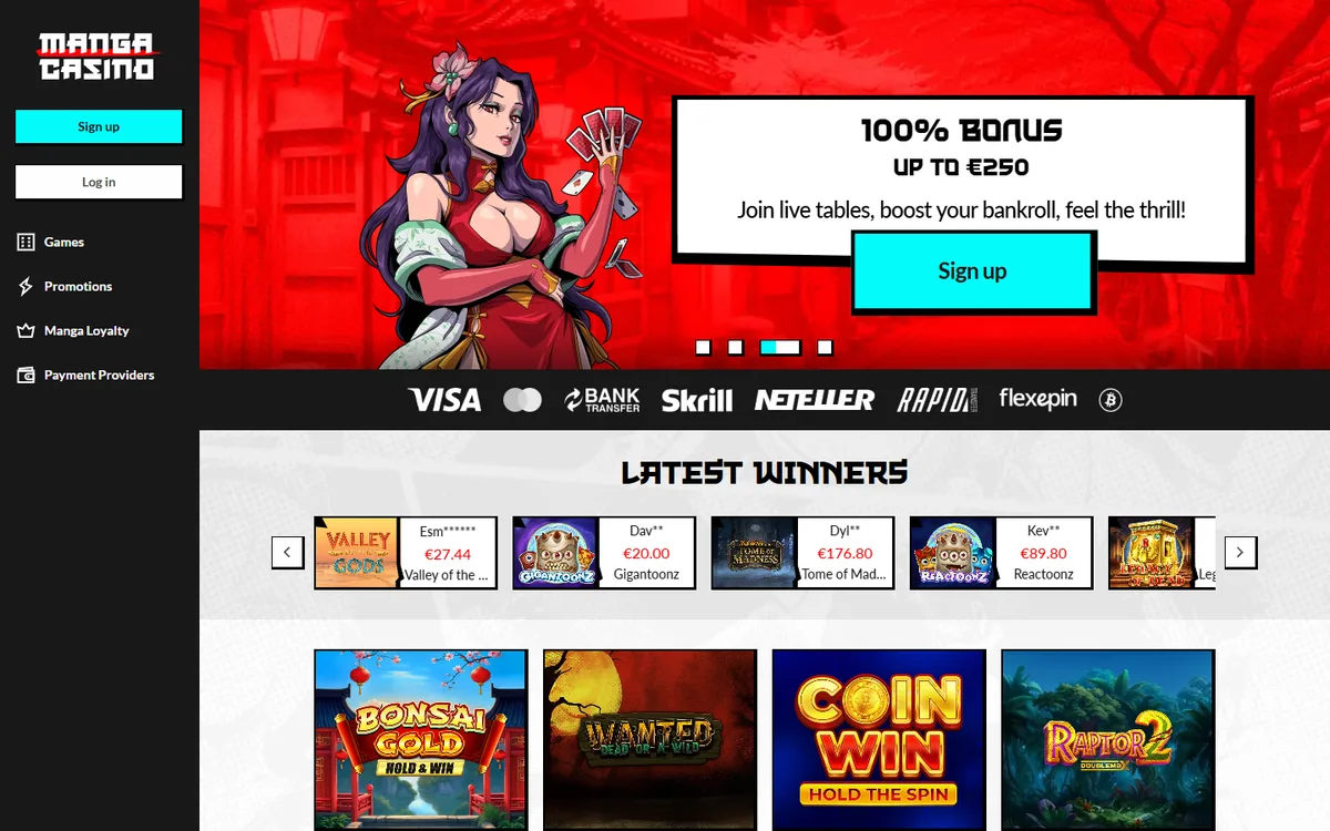 Manga Casino startsida på desktop