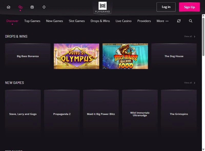 PlayGrand casino spellobby med Drops & Wins och nya spel