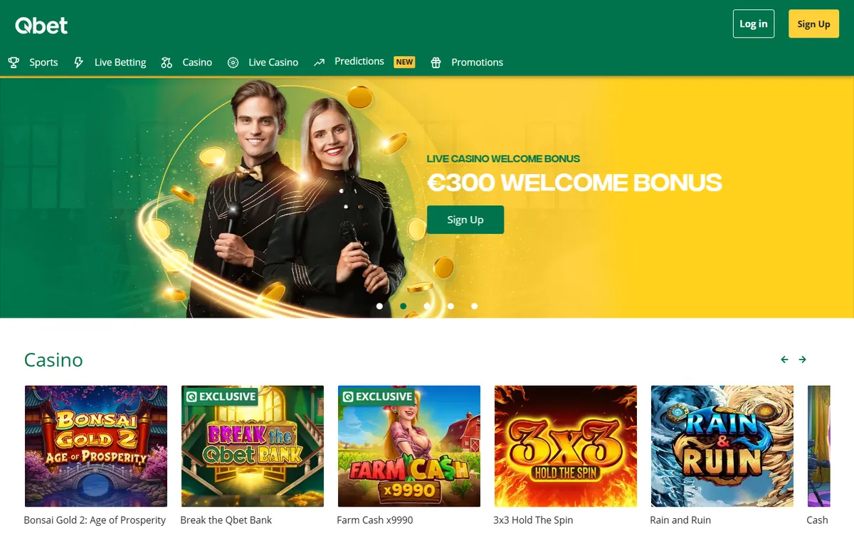 Qbet startsida på desktop