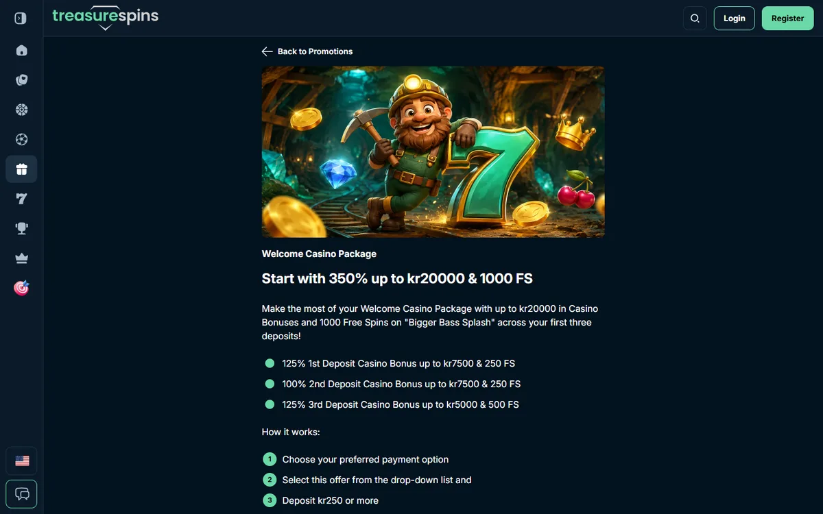 Treasure Spins Casino bonus – välkomstpaketet