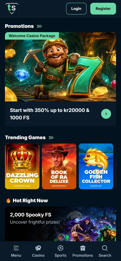 Treasure Spins login på mobilen
