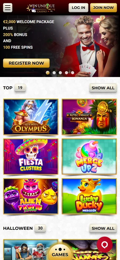 Unique Casino login och Join Now på mobilen