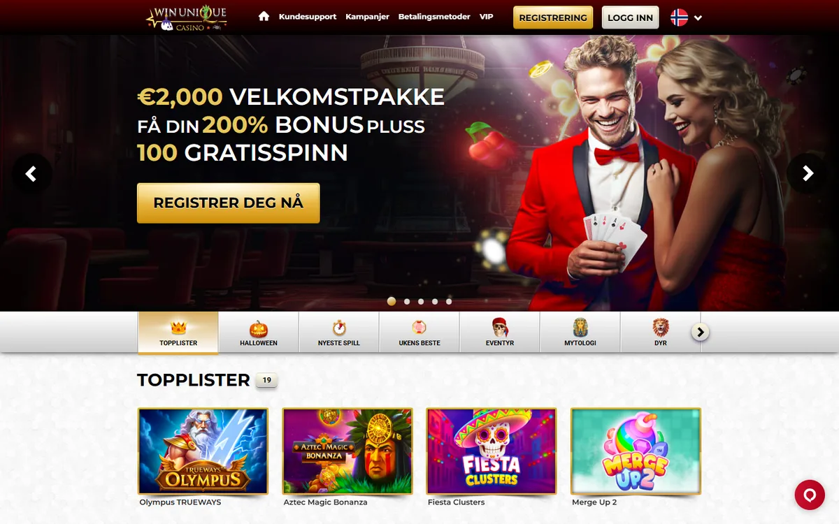 Unique Casino startsida som Win Unique Casino på desktop