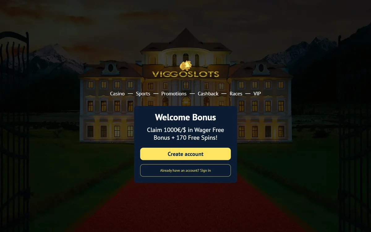 Viggoslots Casino startsida med välkomstbonusen 1 000 € + 170 free spins