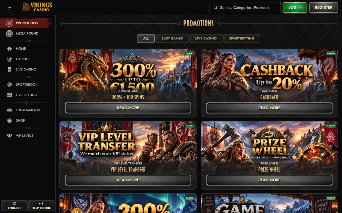 Vikings Casino kampanjer: välkomstpaket, cashback, VIP Level Transfer och Prize Wheel