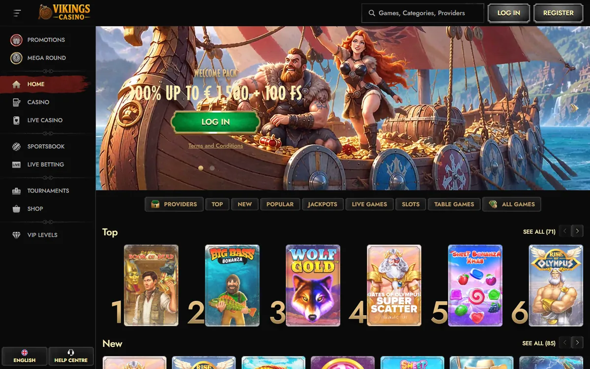 Vikings Casino startsida på desktop