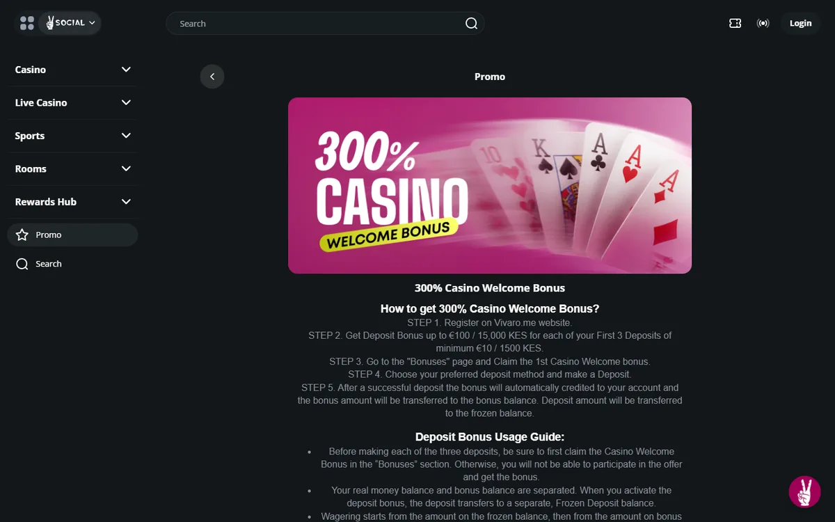 Villkoren för Vivaro Casino bonus 300 % Casino Welcome Bonus