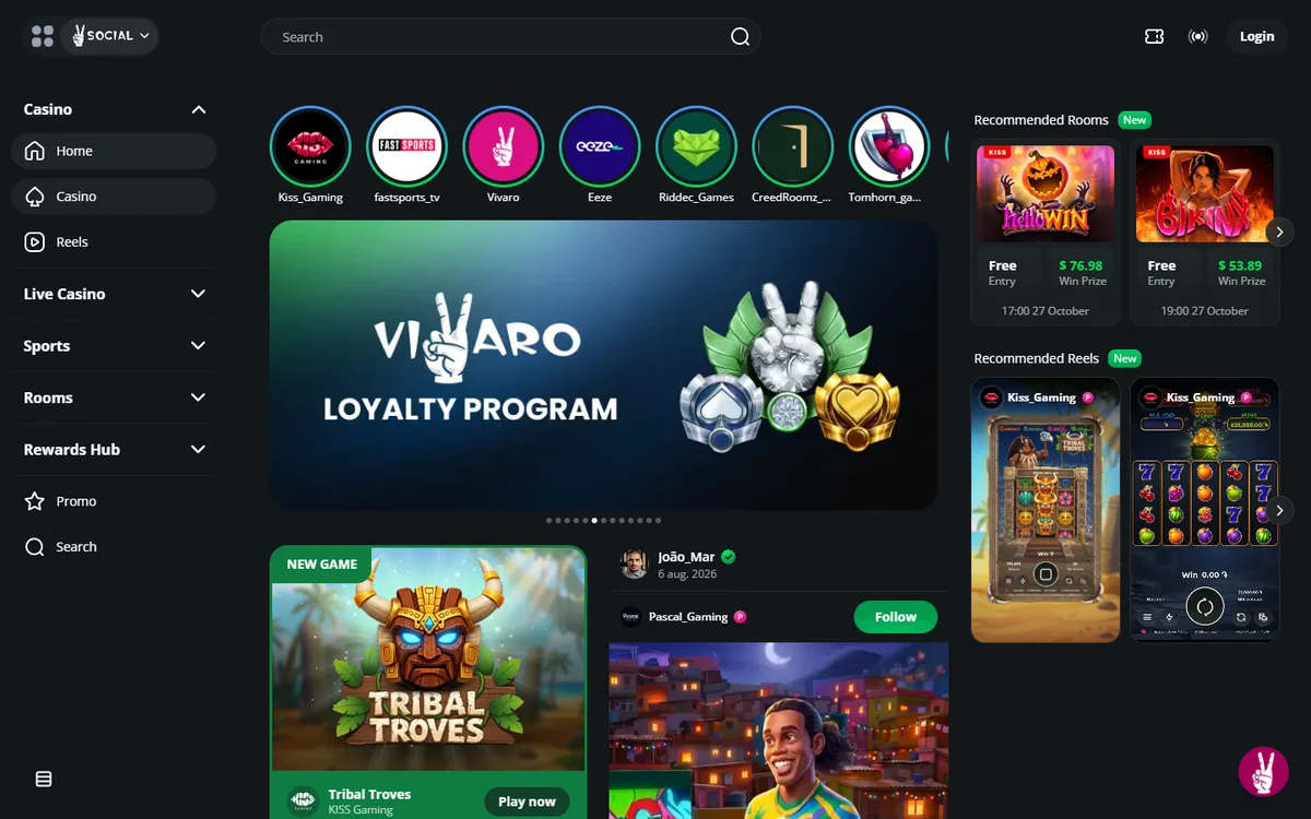 Vivaro Casino startsida på vivaro.me på desktop