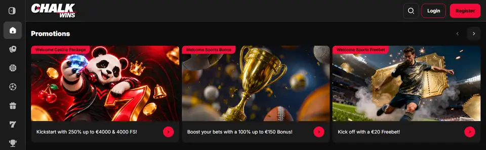 Chalkwins startsida med casino, sport och välkomstpaket