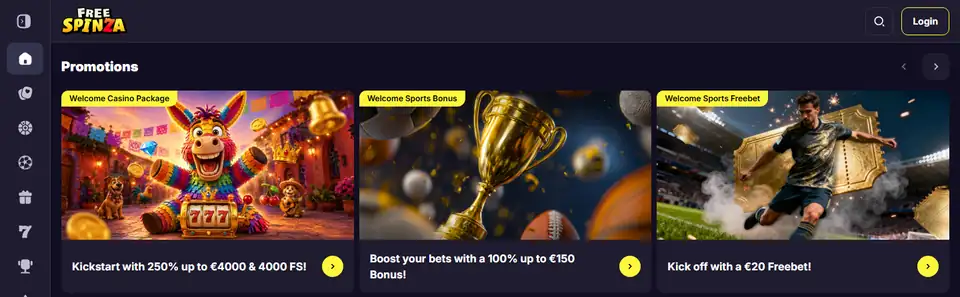 Freespinzas startsida med välkomstpaket och spellobby