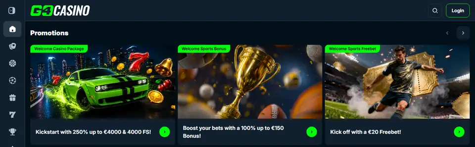 Startsidan hos Go4Casino, oktober 2026