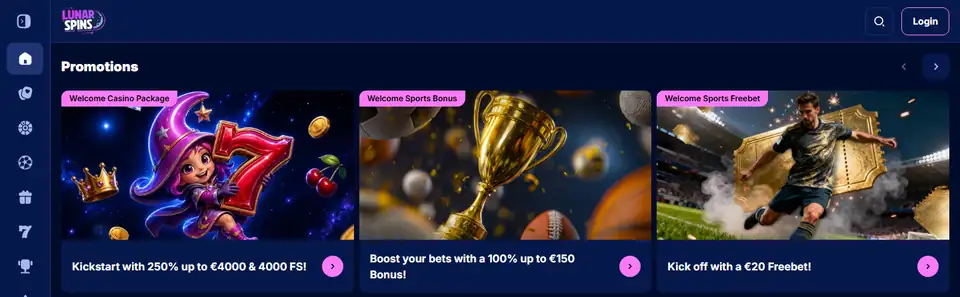 Startsidan hos Lunar Spins, oktober 2026