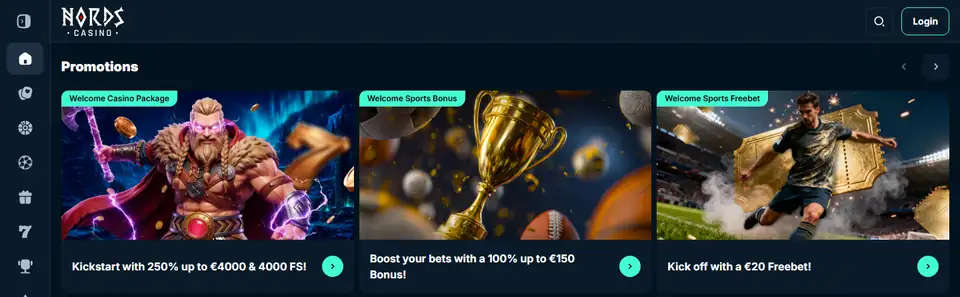 Startsidan hos Nords Casino, 12 oktober 2026