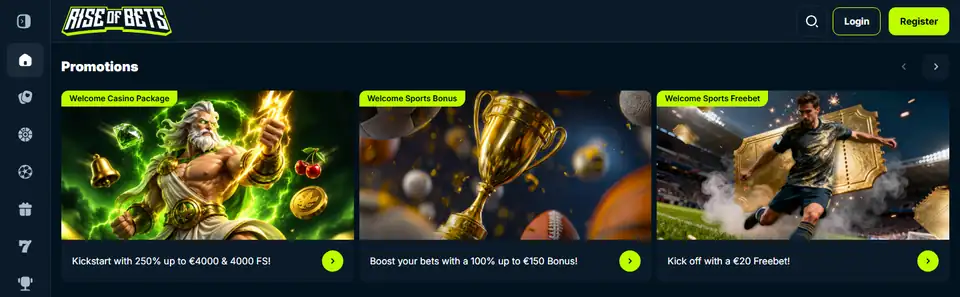 Startsidan hos Rise of Bets, oktober 2026
