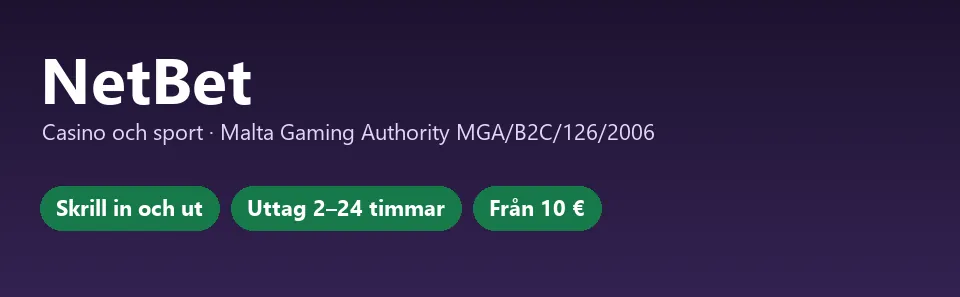 NetBet i korthet: Skrill in och ut, uttag 2–24 timmar, från 10 €